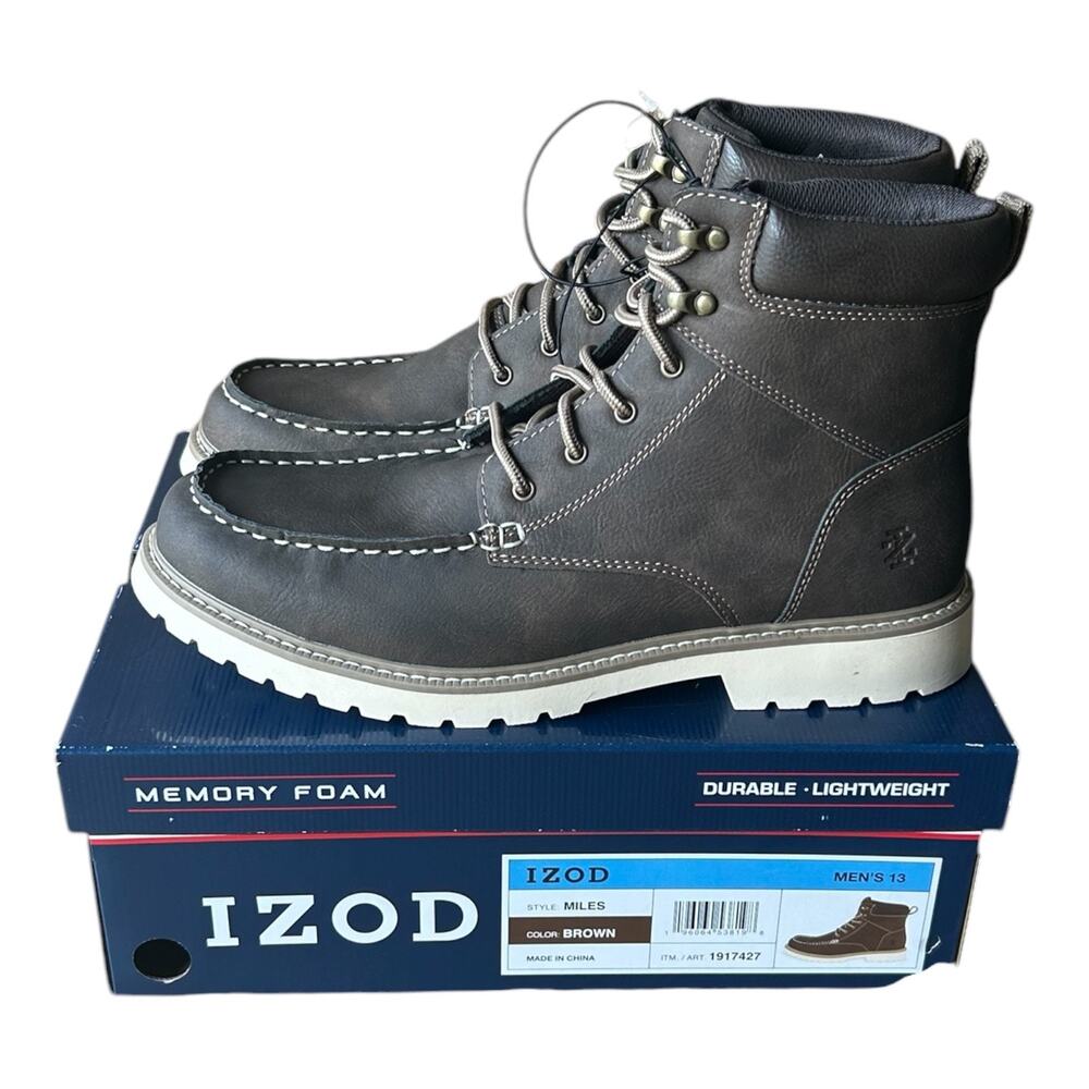 Izod Men's Lace Up Boot Memory Foam Brown size 13